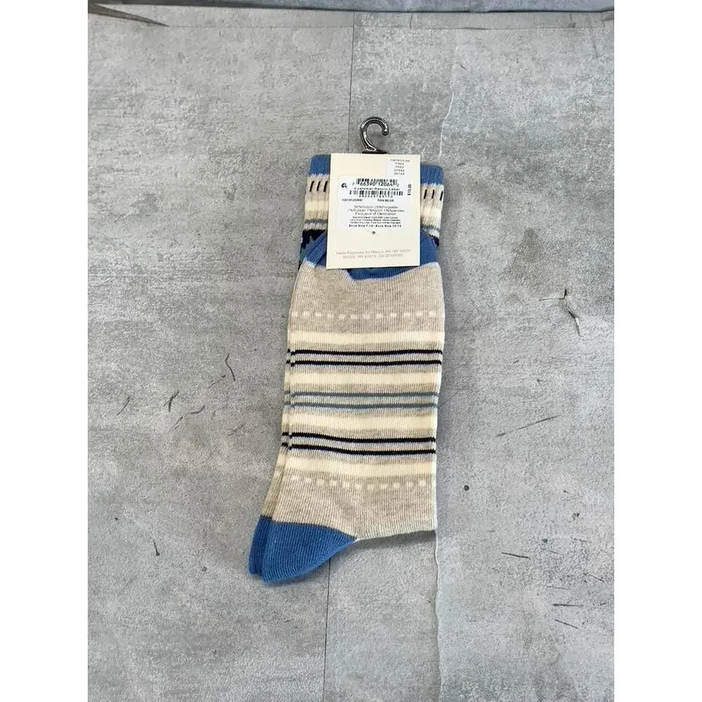 Sun + Stone Men's Blue/Tan Deer Fair Isle Fleece-Lined Crew Single Sock SZ 10-13
